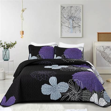 Purple Floral Quilt Set Queen Size - 3 Pieces Purple Flower Pattern ...