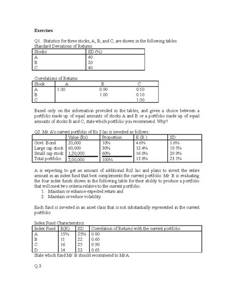 Exercises - Assignment Portfolio - Exercises Q1. Statistics for three ...