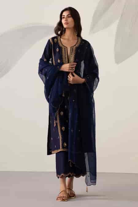 Buy Blue Silk Chanderi Hand Embroidered Zardozi Work Round Notched ...