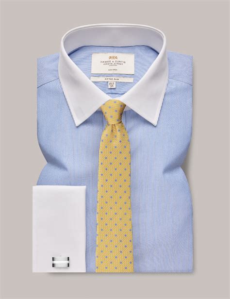 Men's Non-Iron Blue & White Fine Stripe Fitted Slim Shirt With White ...