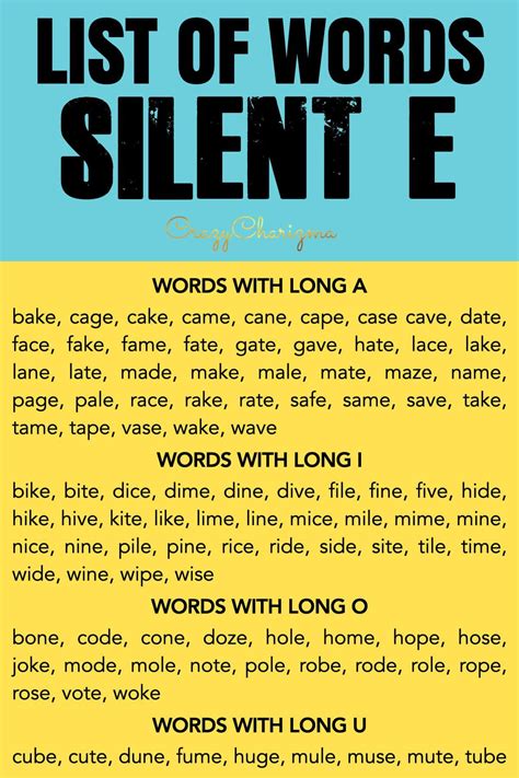 Silent E Word List Printable Free