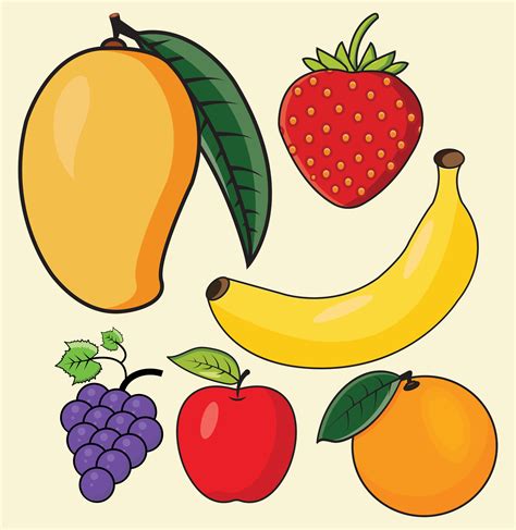 Colorful Fruit Vector Set Mango, Strawberry, Banana, Grape, Orange, and Apple Art Collection set ...