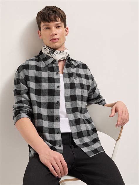 Shop Black & Grey Woven Block Checks Flannel Relaxed Fit Casual Shirt ...