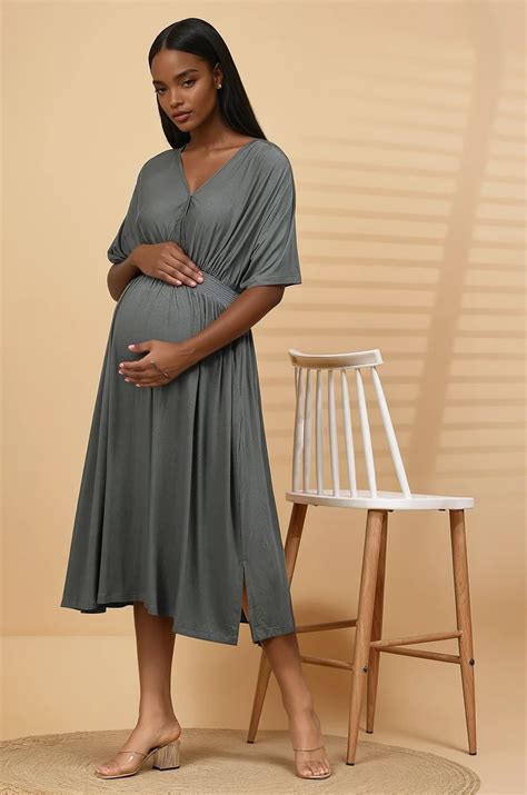 Charcoal Grey Solid Smocked Waist Zipless Feeding Dress – Comfortable ...