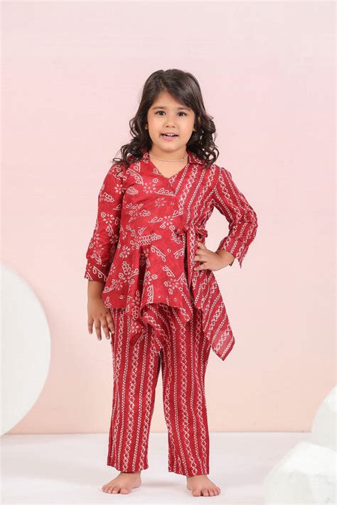 Floral Shibori On Maroon Kids Cotton Co-ord Set