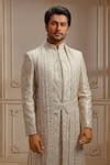 Buy Off White Silk Embroidery Resham Pearl Bloom Sherwani Set For Men ...