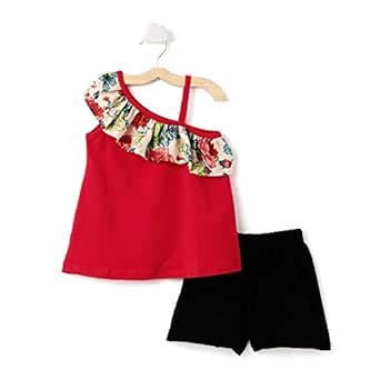 Hopscotch Crayon Flakes Girls Cotton with Floral Frill Strap Set in Red ...