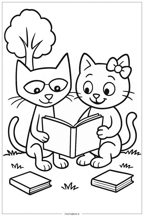 Pete The Cat And Callie Reading Together Coloring Page (Free PDF&PNG ...