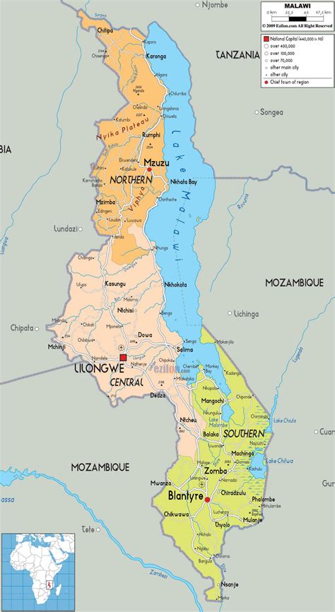 Large political and administrative map of Malawi with roads, cities and airports | Malawi ...