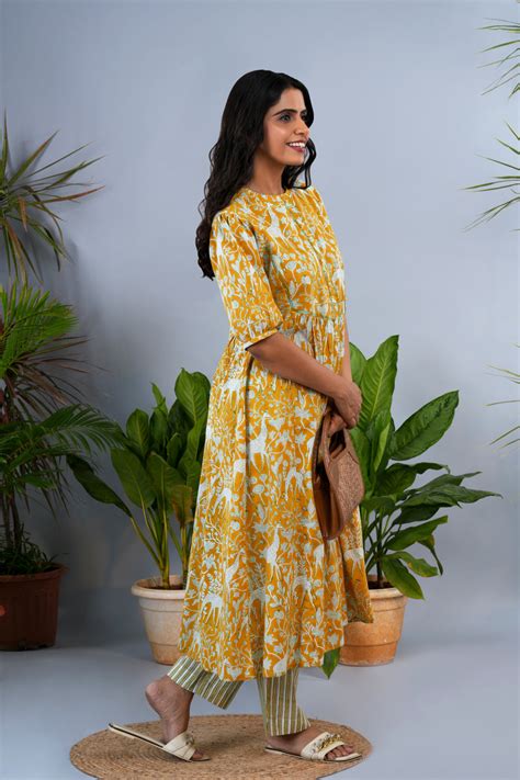 Mustard yellow Sanganeri block printed Kurta set – Kalanjali