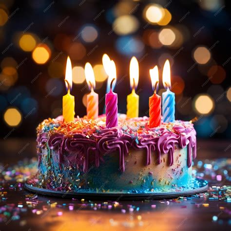 Brightly lit candles on a birthday cake with confetti and sprinkles ...