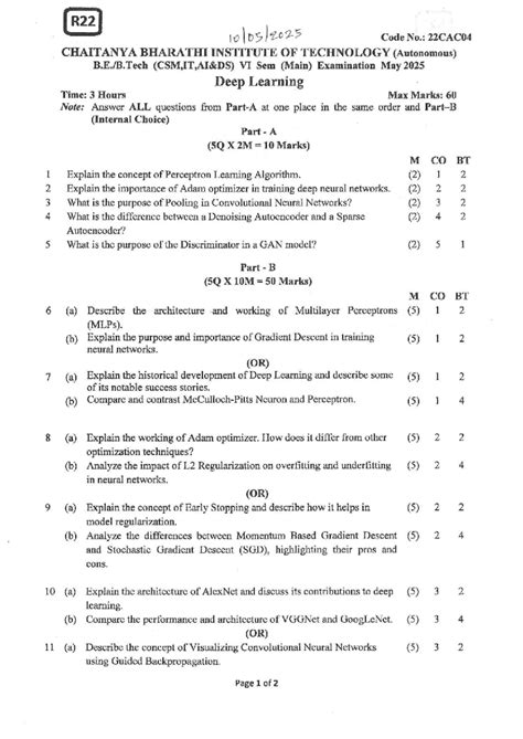 R22 Code No.: 22CAC04 VI Sem Deep Learning Exam QP May 2025 - Studocu