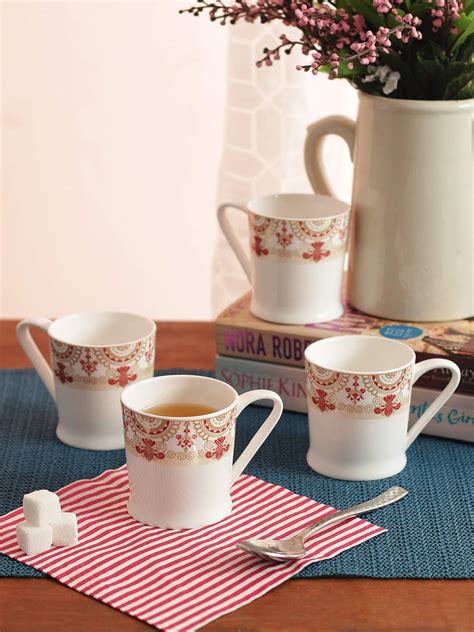 Buy Femora Bone China Floral Red Border Microwave Safe Tea Cup Coffee ...