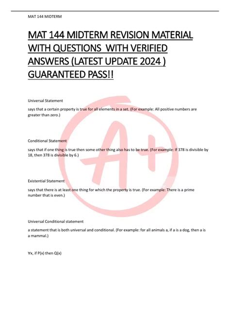 MAT 144 MIDTERM REVISION MATERIAL WITH QUESTIONS WITH VERIFIED ANSWERS ...