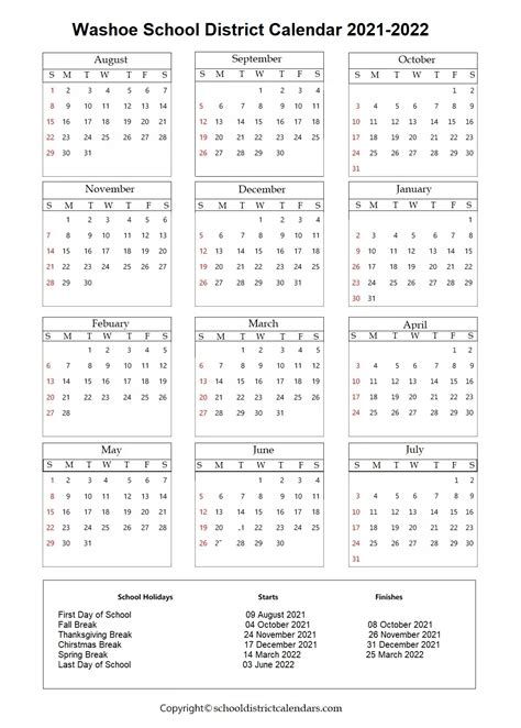 Washoe School District 2022-2023 Calendar With Holidays