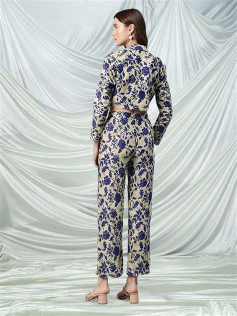 Blue Beige Floral Printed Short Blazer Coordset – Buta Buti