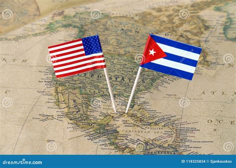 The United States of America and Cuba Flag Pins on a World Map ...