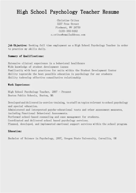 Resume Samples: High School Psychology Teacher Resume Sample