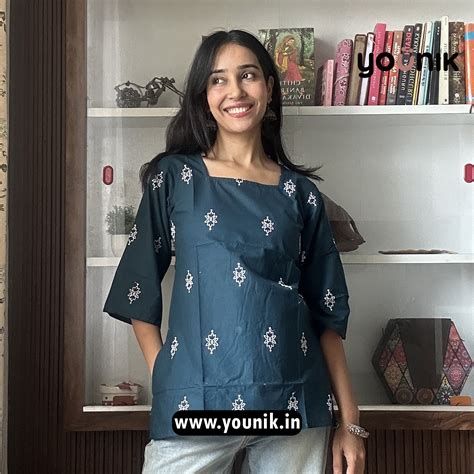Elegant Teal Embroidery Pure Cotton Short Kurti – YOUNIK
