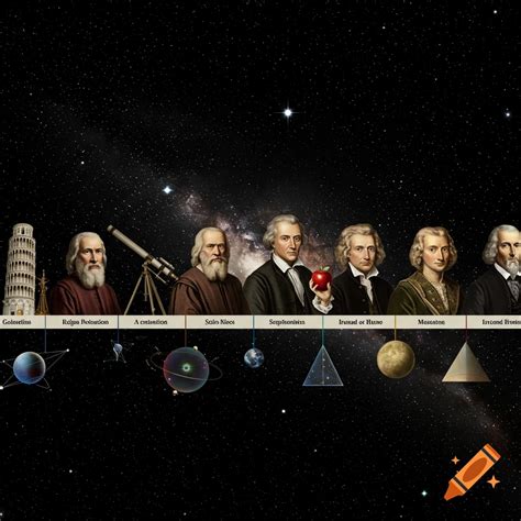 Timeline collage of physics evolution with Galileo and Newton on Craiyon
