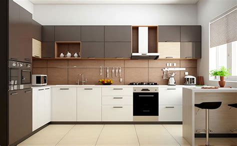L-Shaped Modular Kitchen with Brown and White Cabinets