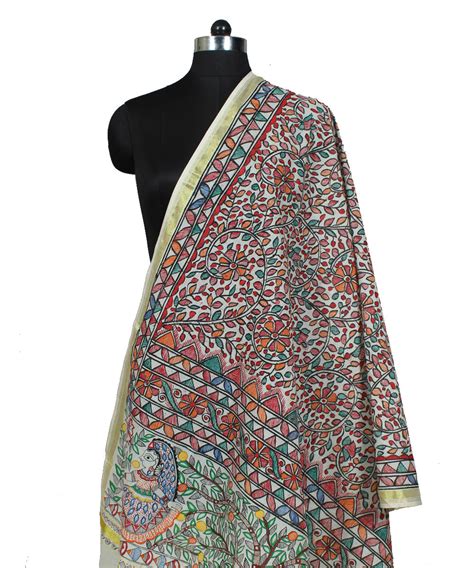 Madhubani handpainted white dupatta with golden border – GoSwadeshi