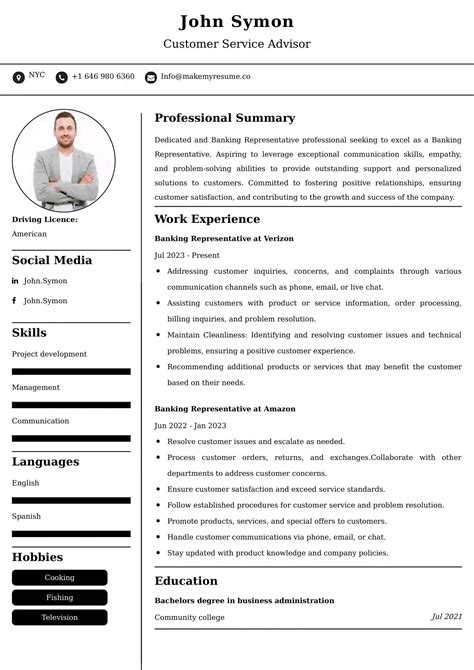Banking Representative Resume Examples India