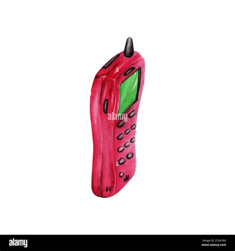 Side view of a pink 1990s mobile phone with antenna. Hand drawn ...