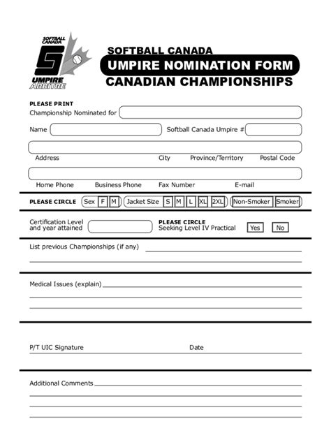 Fillable Online SOFTBALL CANADA UMPIRE NOMINATION FORM CANADIAN ...