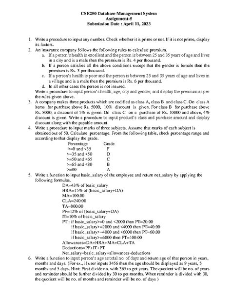 CSE250 DBMS Assignment 5 Procedures Functions and Triggers - CSE250 ...