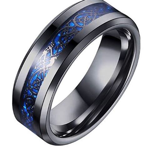 Buy Peora Black Tungsten Carbide Silvering Celtic Dragon Blue Carbon ...