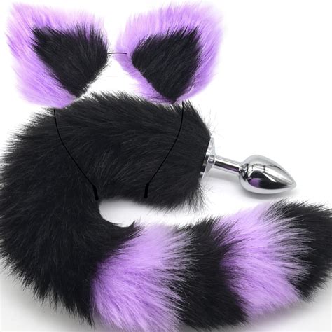 Amazon.com: MEBAULT Anal Plug Fox Tail with Ear for Cosplay Game Black & Purple 15.74-Inch-Long ...
