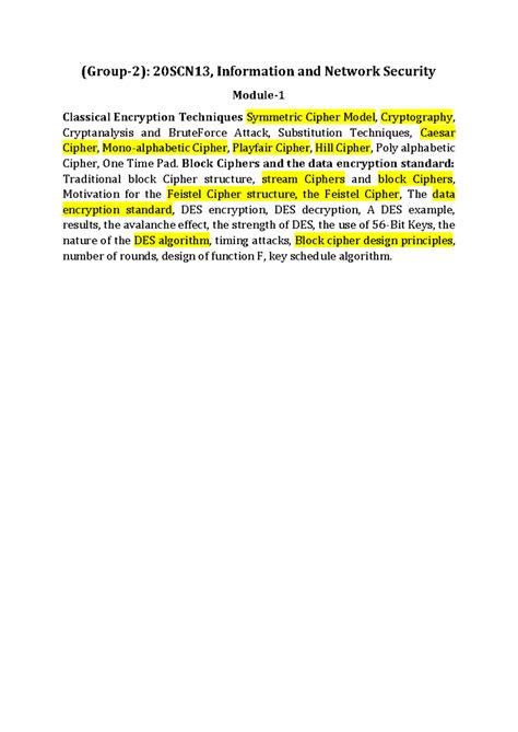 20SCN13, Information and Network Security: Classical Encryption ...