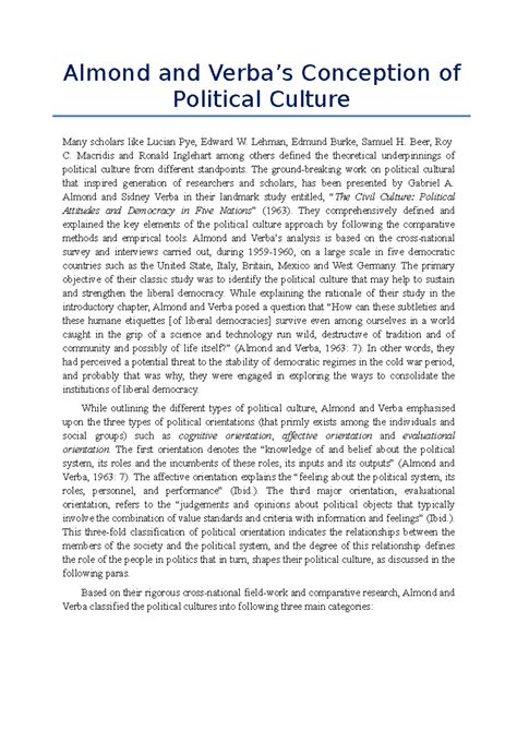 Almond and Verba's Political Culture: Key Types and Insights - Studocu