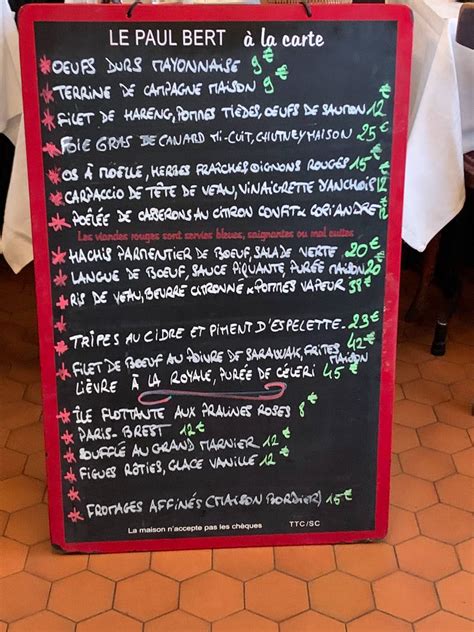 Menu at Bistrot Paul Bert restaurant, Paris