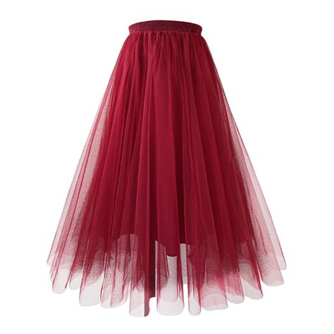 Pleated Long Skirts for Women A Line Asymmetrical Mesh Fluffy Layered ...