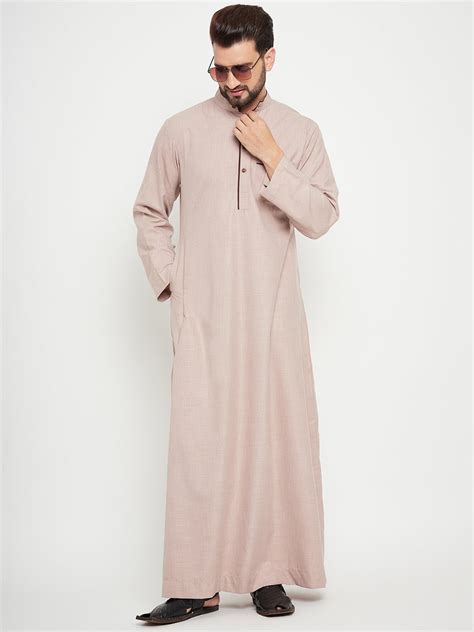Nabia Beige Solid Mens Band Collar Thobe / Jubba with Brown Piping Des