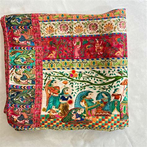 Shahi Ivory Gold Multicolor Threadwork Embroidered Silk Dupatta ...