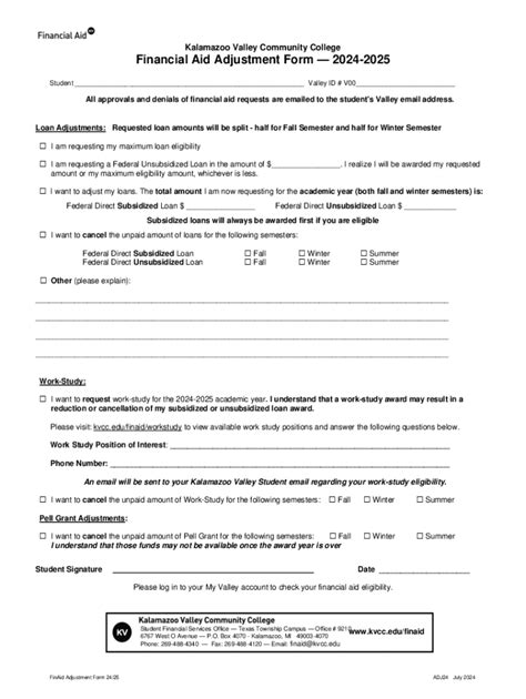 Fillable Online Kalamazoo Valley Community College Financial Aid ...