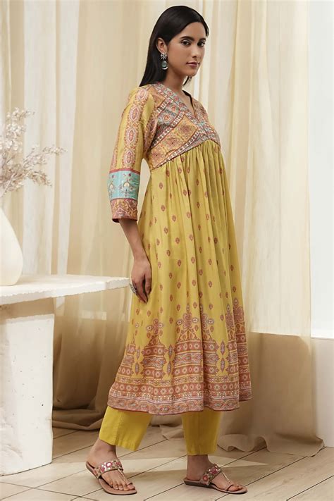 Buy Green Modal Printed Gathered Kurta Set Online at Biba India