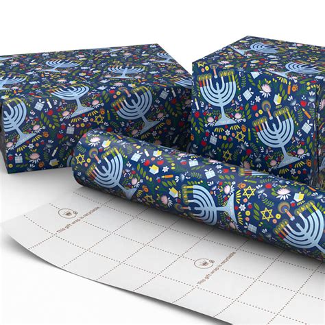 Festive Hanukkah Collage on Navy Wrapping Paper Roll, 35 sq. ft ...