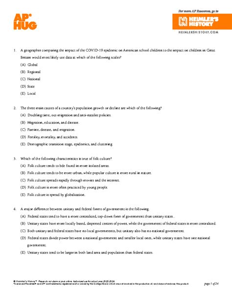 AP HUG HRG Practice Exam: Multiple Choice Questions and Analysis - Studocu