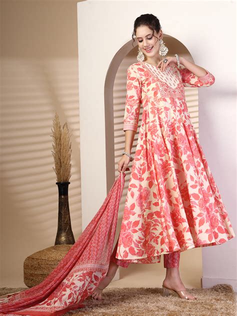 Cotton Calf Length Printed Flared 3/4 Sleeves Round Neck Kurta, Bottom ...