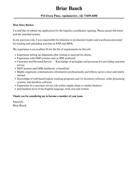 Logistics Coordinator Cover Letter | Velvet Jobs
