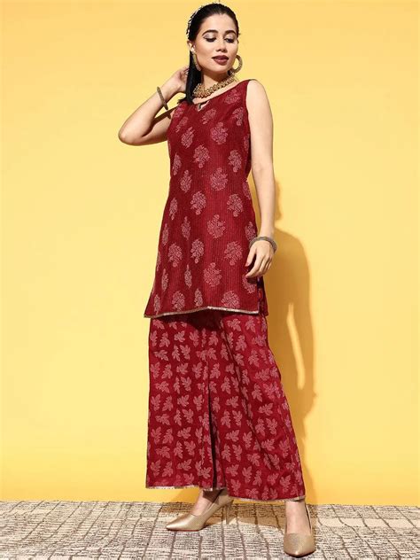 Buy Maroon Printed Silk Blend Straight Kurta With Palazzos & Dupatta ...