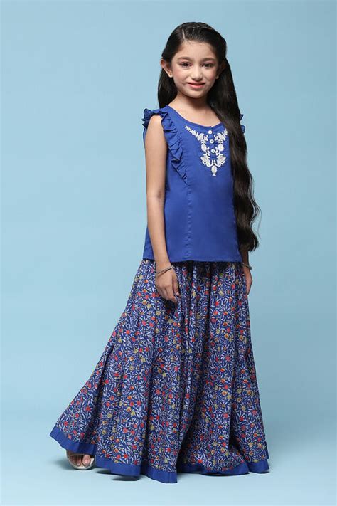 Buy Blue Cotton Straight Printed Kurta Skirt Suit Set (Top, Skirt) for ...