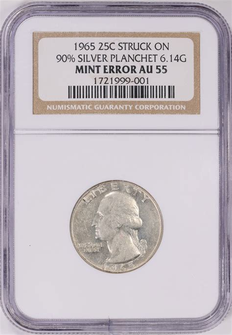 Mint Error 1965 Washington Quarter Struck on 90% Silver Planchet 6.14G ...