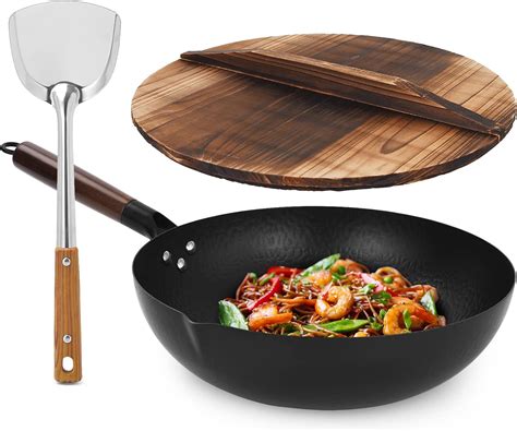 Buy Cookeriess Hand Hammered Carbon Steel Wok, Wooden Lid Asian Spatula ...