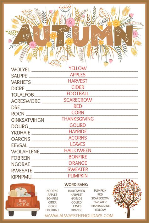 Fall Word Scramble with Answers - Free Fall Printable Puzzle