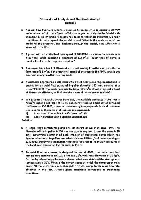 Tutorial 1 & Assignment 1 turbo machinery and fluids - 1 - Dr. K. V ...